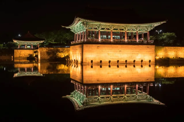 Anapji - ponds on the edge of the former Silla fortress Banwolseong in Gyeongju, South Korea.